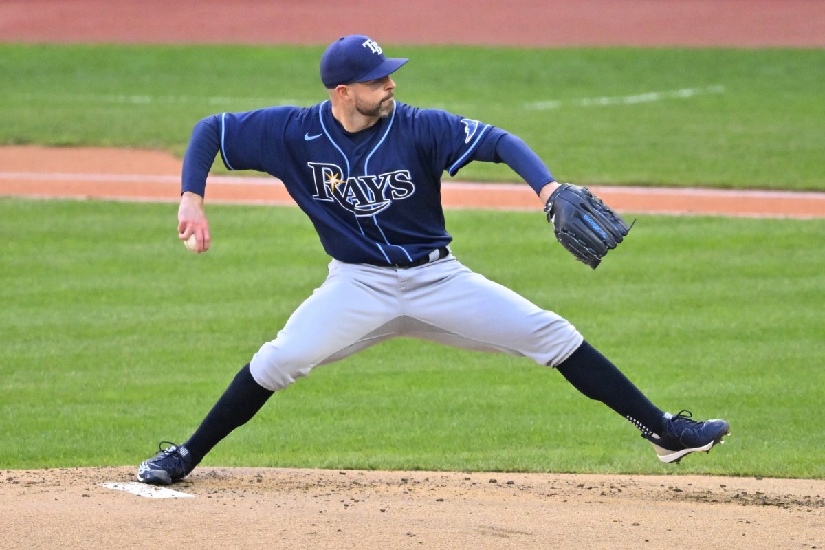 Tampa Bay Rays starting pitcher Corey Kluber (28) delivers a pitch in the first inning against the Cleveland Guardians at Progressive Field. (David Richard-USA TODAY Sports)